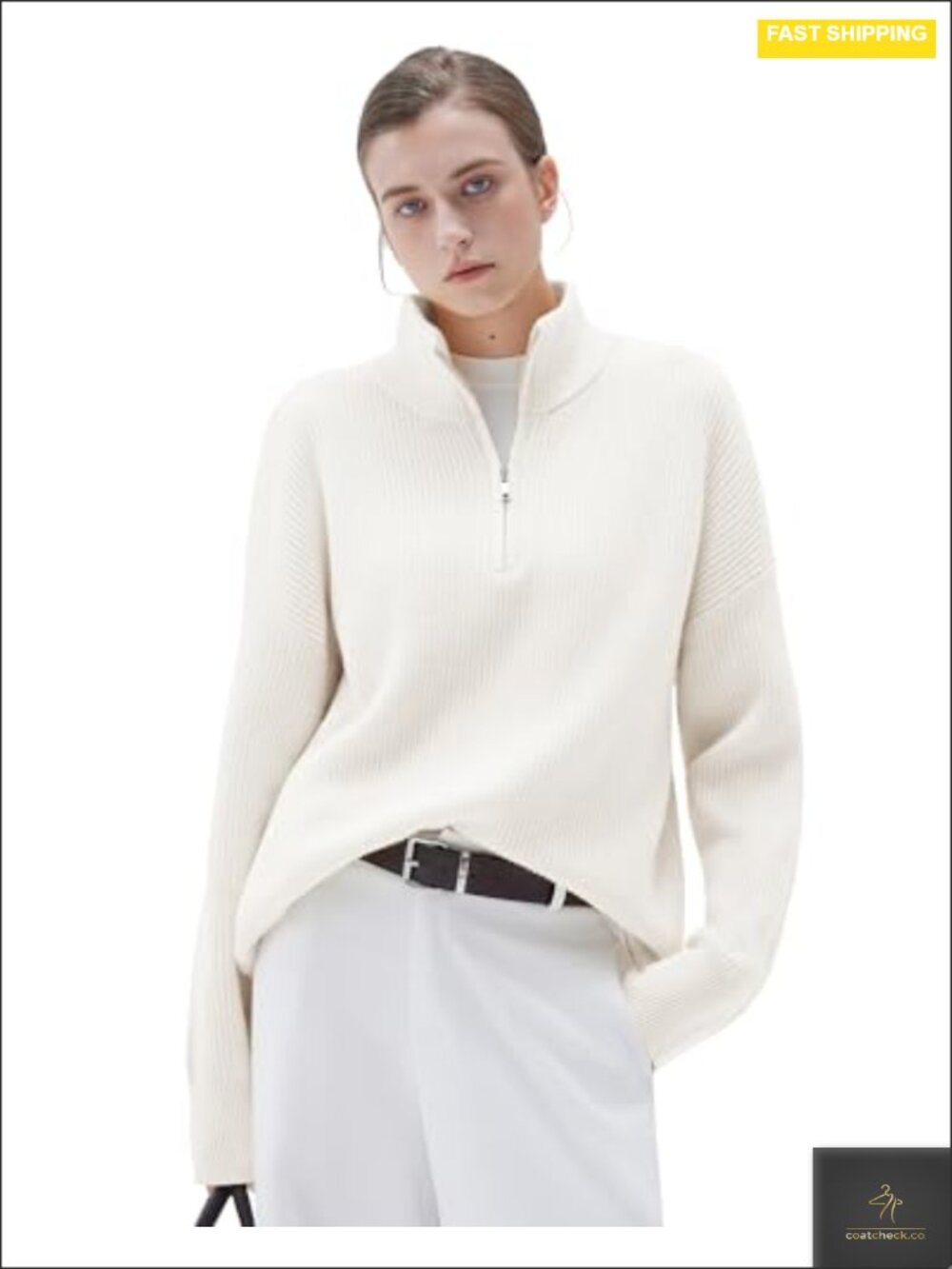 Cashmere Blend Oversized Quarter Zip Pullover Sweater Long Sleeve Mock Neck